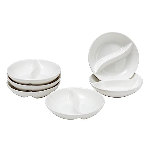 Vikko Mini White Sectional Dish, Set of 6 Porcelain Dipping Sauce Bowls, Small Serving Dish for Condiments, Stackable Round Spice Bowls