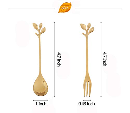 AnSaw 10-Pc Gold Mini Spoons & Forks Set, 4.7" - Stainless Steel, Leaf Handle, Ideal for Coffee,Tea, Appetizers, Tastings, Parties, Charcuterie & Cocktails