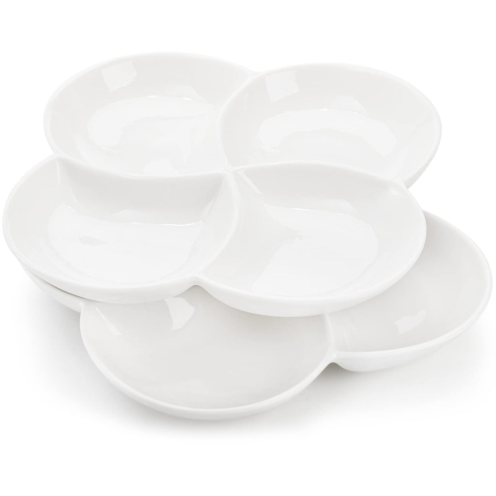 ZENFUN Set of 3 Porcelain Appetizer Platter with 4 Compartment, Flower-shaped Candy and Nut Serving Tray Snack Serving Plate Dishes for Vegetables, Fruit, Dessert, 8.5'' x 8.5'', White