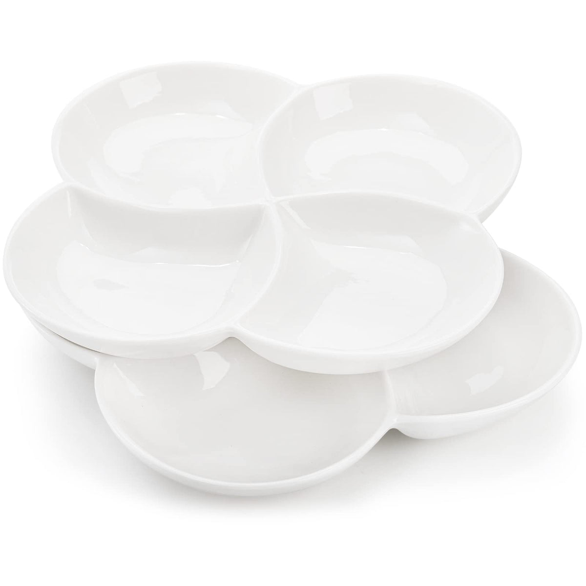 ZENFUN Set of 3 Porcelain Appetizer Platter with 4 Compartment, Flower-shaped Candy and Nut Serving Tray Snack Serving Plate Dishes for Vegetables, Fruit, Dessert, 8.5'' x 8.5'', White