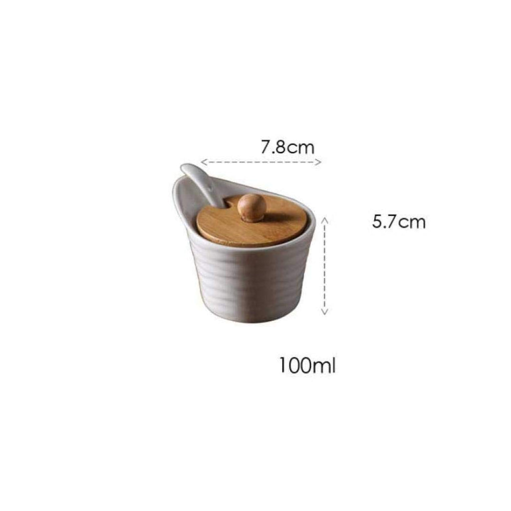 Porcelain Condiment Jar Spice Container with Lids,Bamboo Cap Holder Spot, Ceramic Serving Spoon, Wooden Tray ,Pottery Pot for Sugar Coffee Salt Spices and Pepper