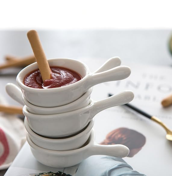 Leoyoubei 5 Packs Sauce Dish with Handle Grip,Side Dishes 1 Oz White Porcelain Dipping Bowls Appetizer Spoons Ketchup BBQ Sauce Sushi Soy Sauce-Stackable Ramekins