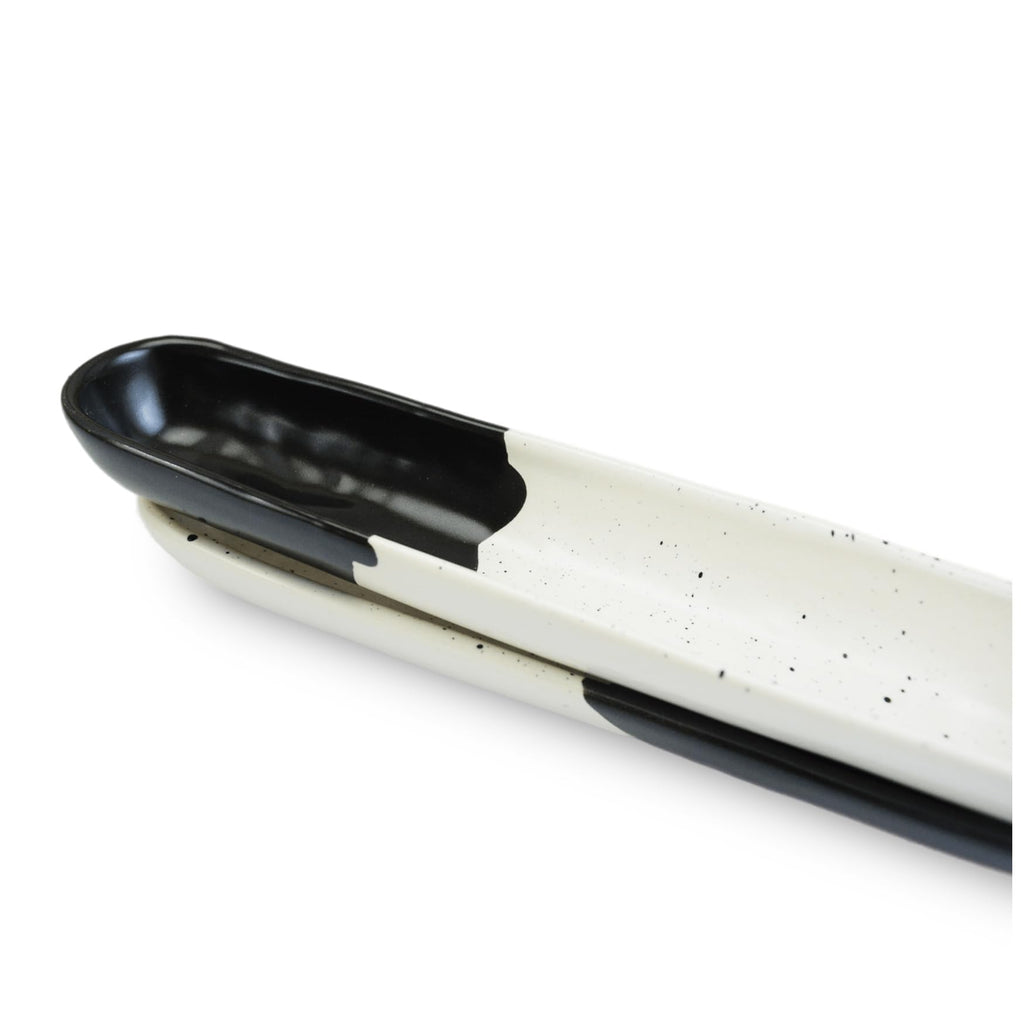 roro Black and White 9-Inch Long Ceramic Olive Tray - Set of 2 | Handcrafted Speckled Stoneware for Charcuterie, Olives, Nuts, Sauces, and Small Appetizers