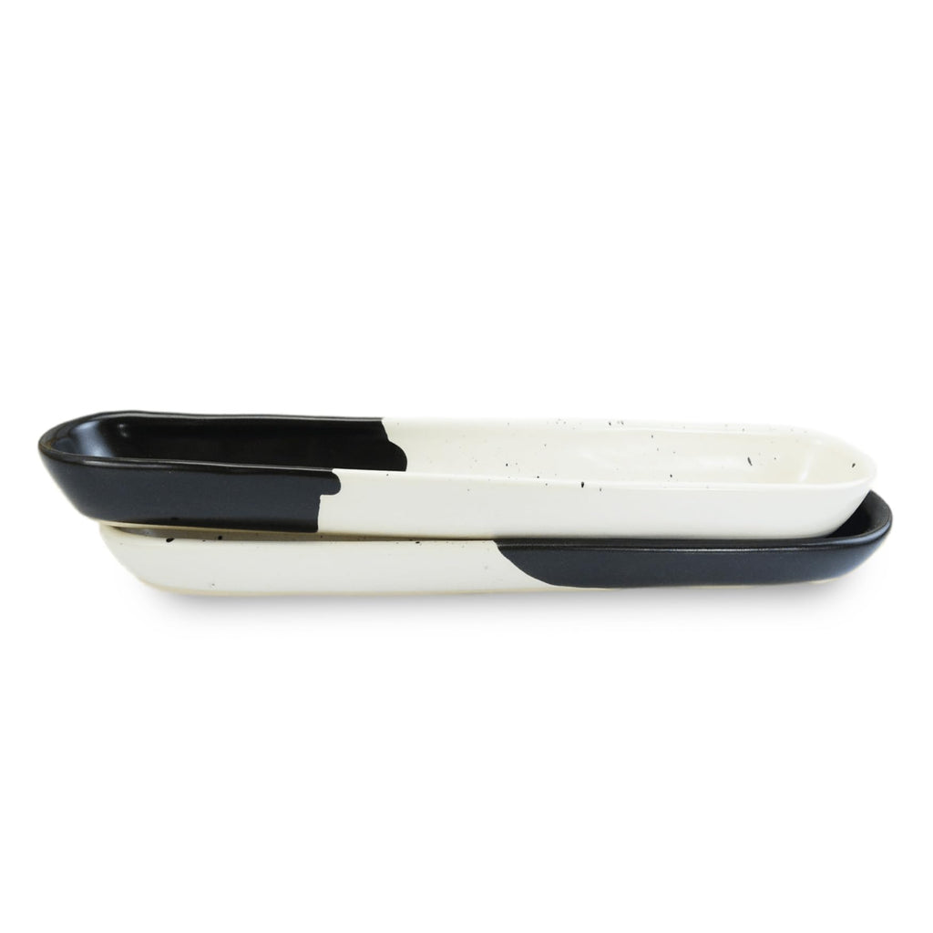 roro Black and White 9-Inch Long Ceramic Olive Tray - Set of 2 | Handcrafted Speckled Stoneware for Charcuterie, Olives, Nuts, Sauces, and Small Appetizers