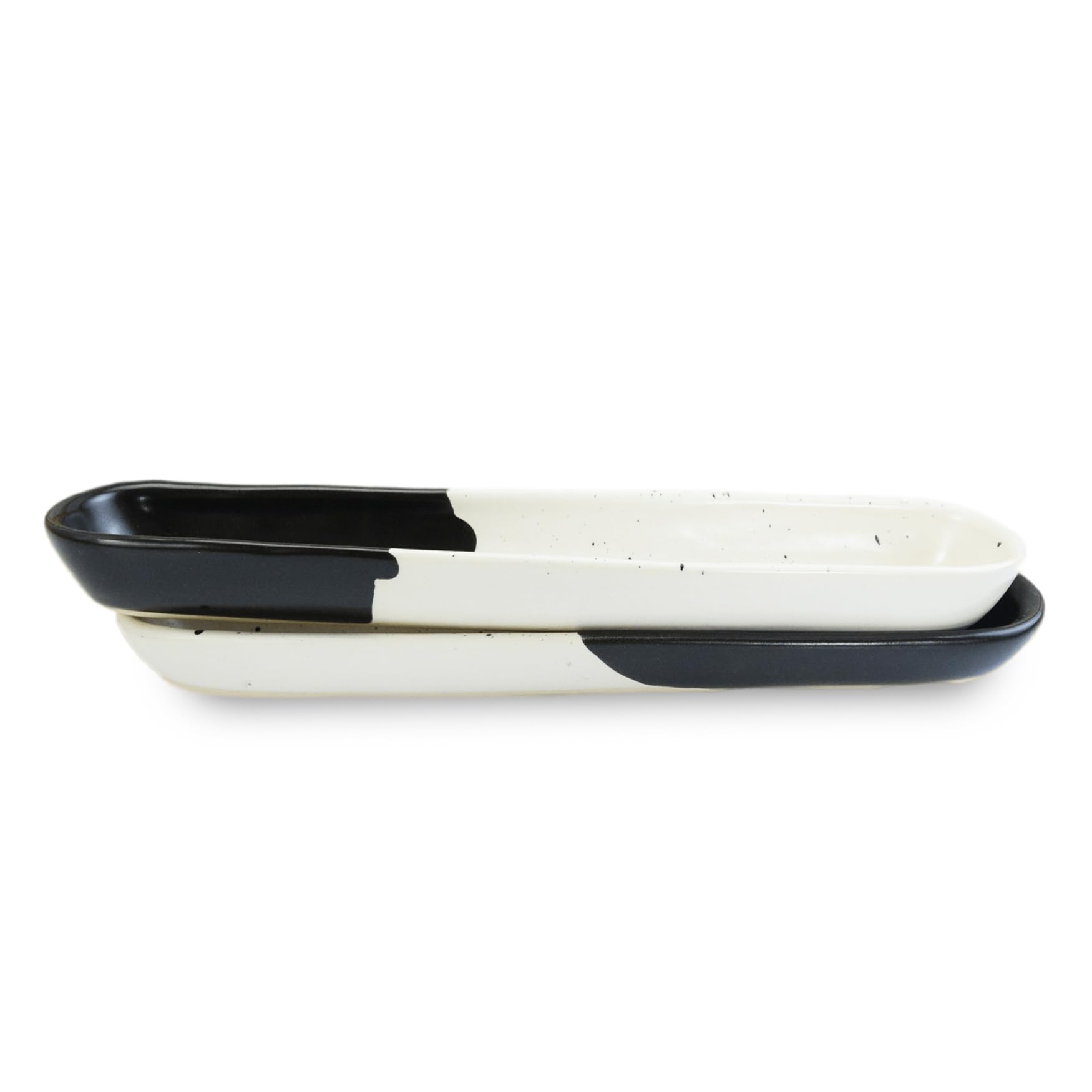 roro Black and White 9-Inch Long Ceramic Olive Tray - Set of 2 | Handcrafted Speckled Stoneware for Charcuterie, Olives, Nuts, Sauces, and Small Appetizers