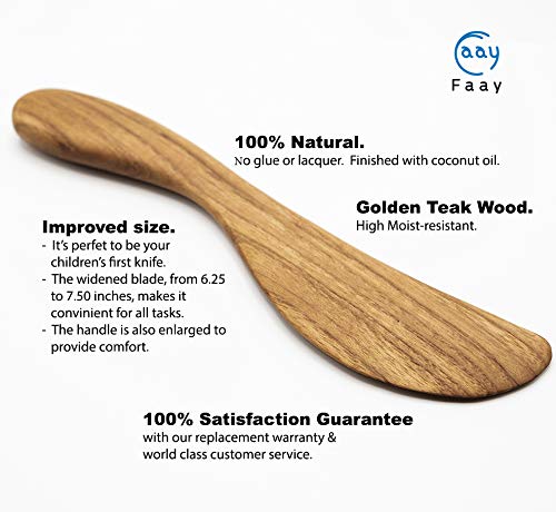 FAAY 7.5" Butter Spreaders, Eco-Friendly Condiment and Sandwich Knife from 100% Moist-Resistant Teak Wood, Super Handy Peanut Jelly Spreader Set of 4