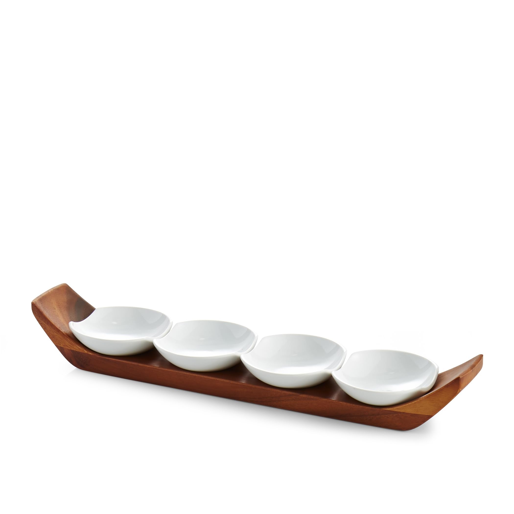 Nambé Quatro Snack & Serve Set – 21” Acacia Wood Tray with 4 Porcelain Bowls for Appetizers, Nuts & Dips – Modern Tableware for Dining & Entertaining, Durable, Stylish & Functional Serveware