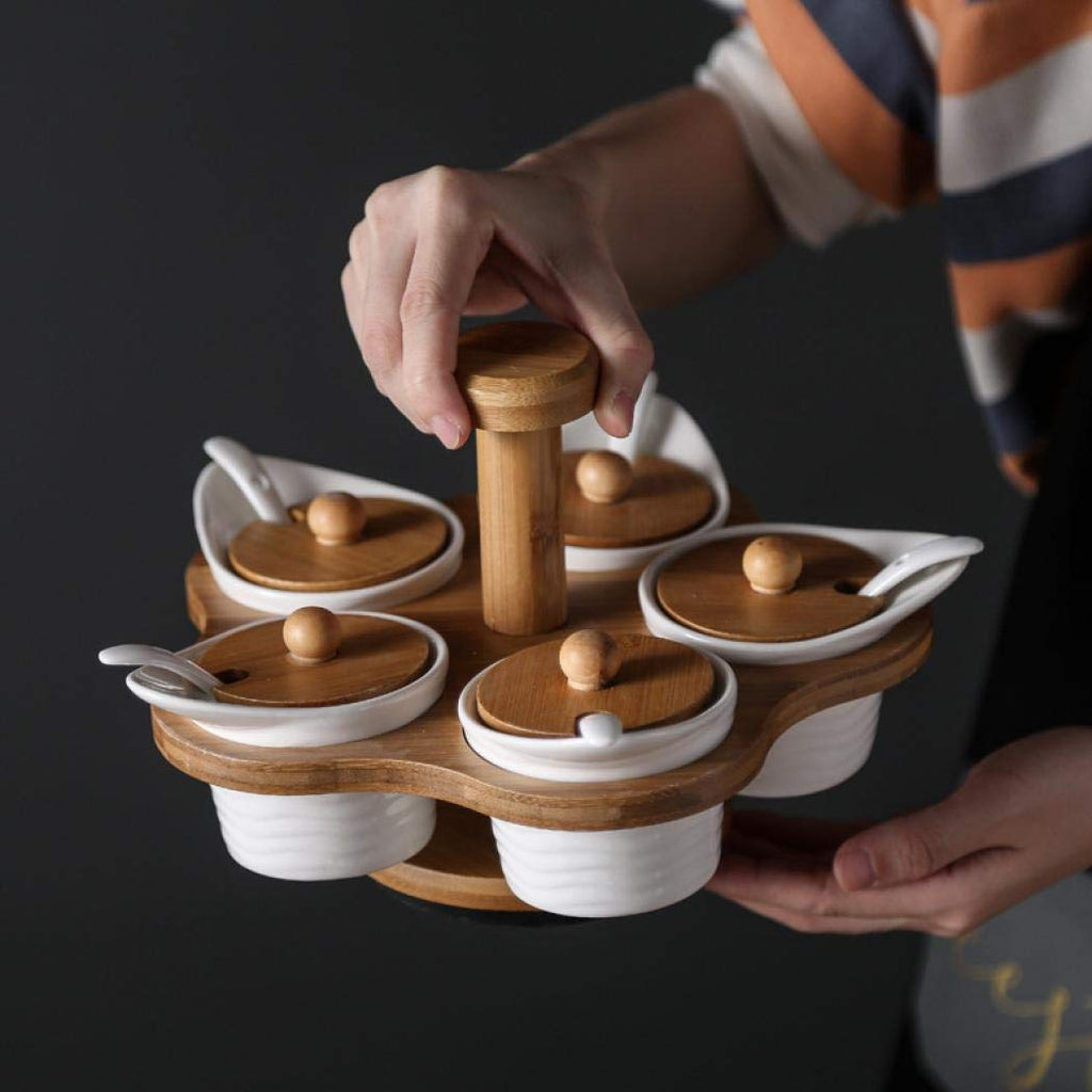 Porcelain Condiment Jar Spice Container with Lids,Bamboo Cap Holder Spot, Ceramic Serving Spoon, Wooden Tray ,Pottery Pot for Sugar Coffee Salt Spices and Pepper