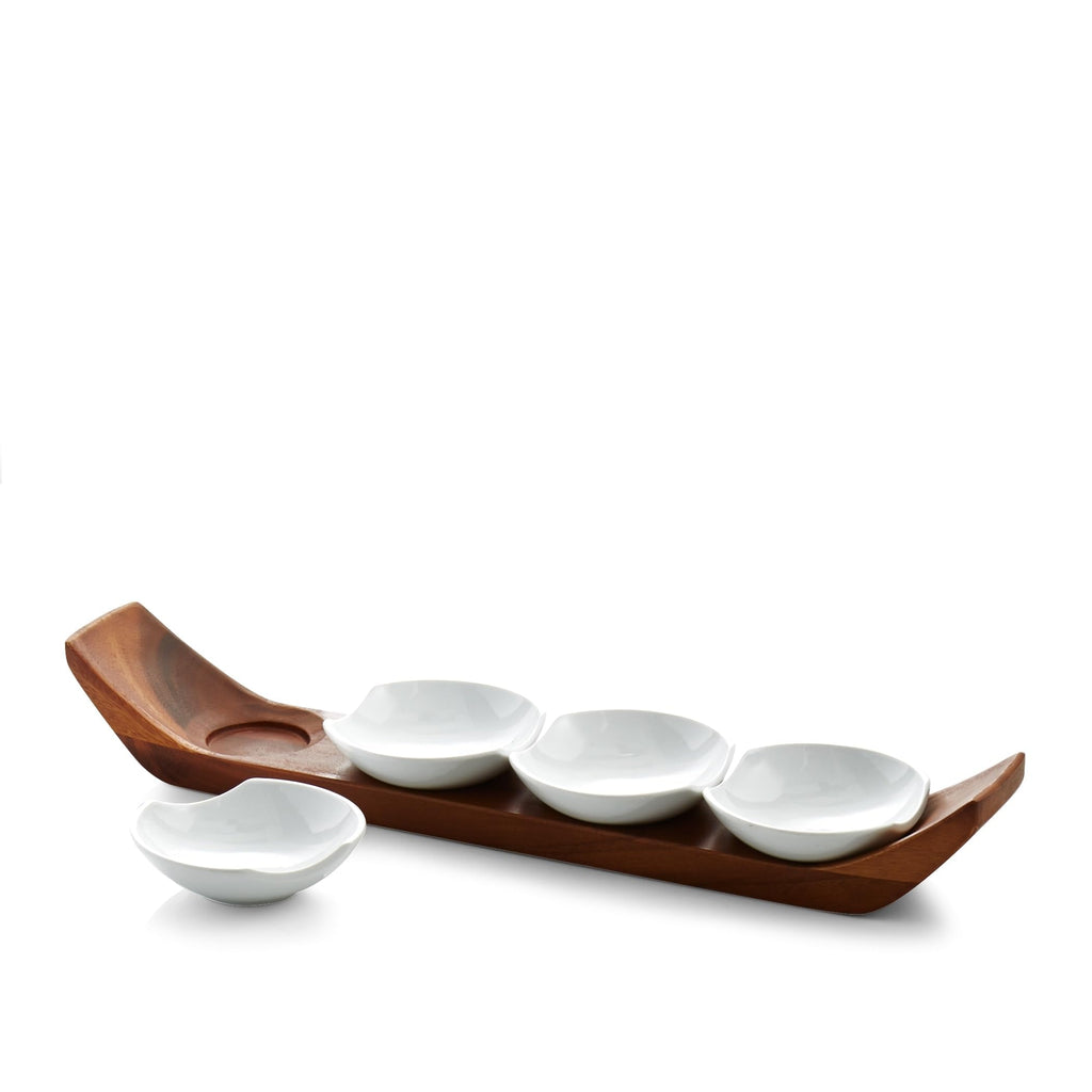 Nambé Quatro Snack & Serve Set – 21” Acacia Wood Tray with 4 Porcelain Bowls for Appetizers, Nuts & Dips – Modern Tableware for Dining & Entertaining, Durable, Stylish & Functional Serveware