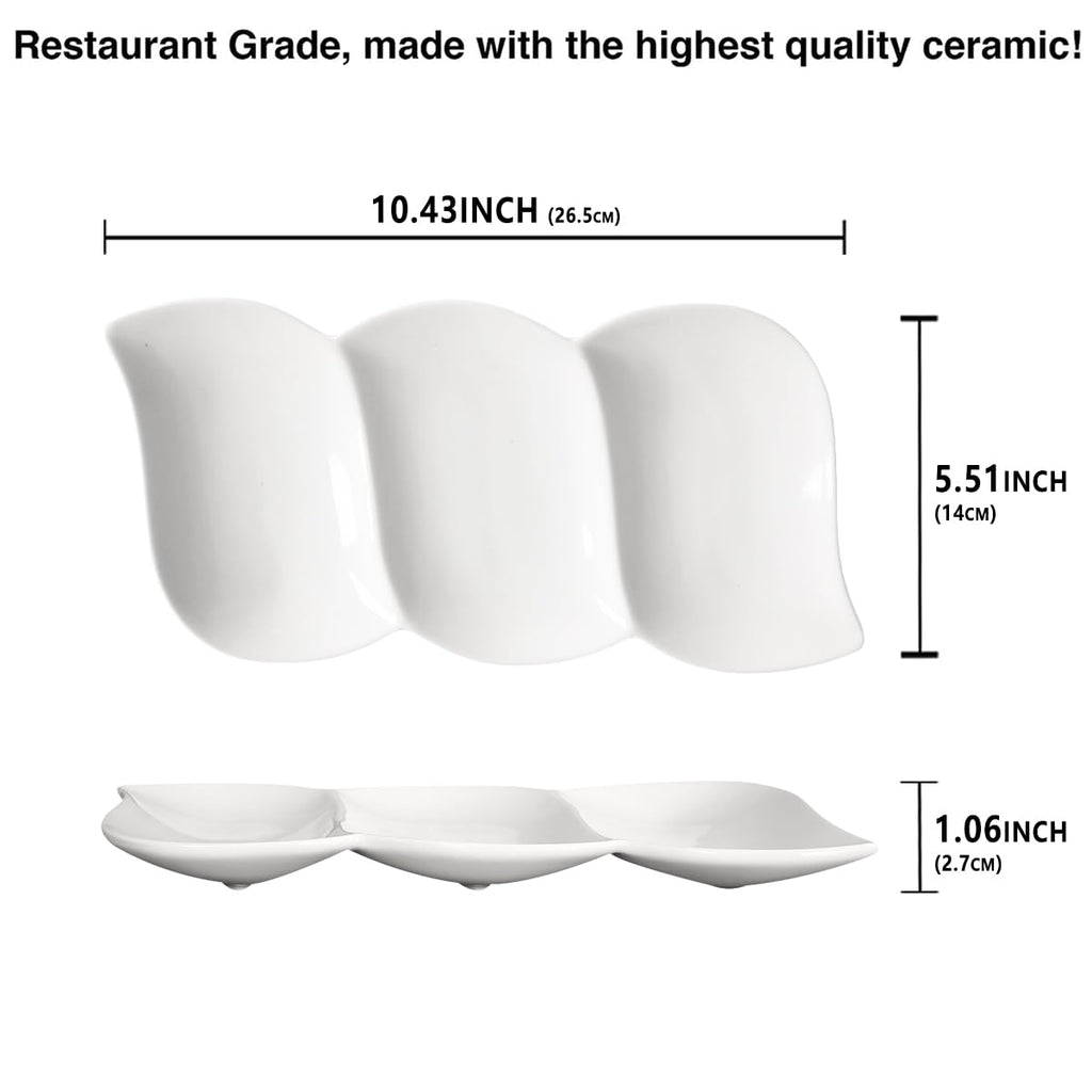 Creativity Home Chip and Dip Serving Set Porcelain Tray Deep Divided Bowl,Set of 4 Divided Platters/Divided Bowls,Lunch&buffet tableware,for Dishwashers,microwaves,ovens safety 10.4 Inch