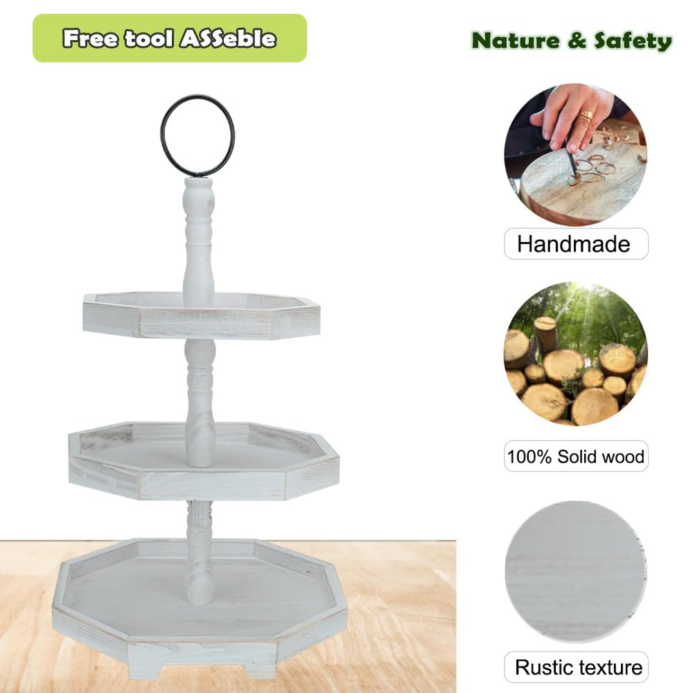 3 Tiered Tray Stand White Tier Serving Tray, Three Decorative Trays, Wooden Cupcake Stand 3 Tiered Farmhouse Tray for Home Decor(L 13.8” W 12.5” H 21.8”)