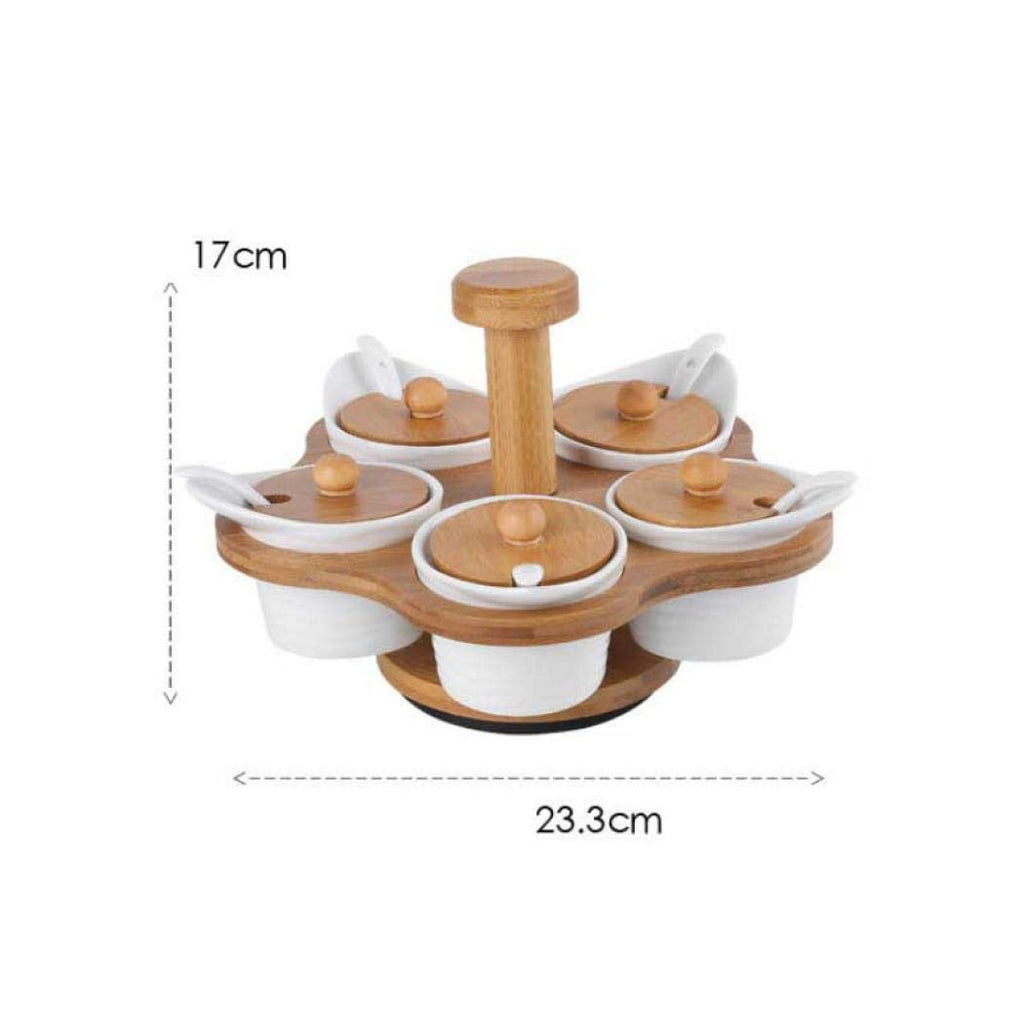 Porcelain Condiment Jar Spice Container with Lids,Bamboo Cap Holder Spot, Ceramic Serving Spoon, Wooden Tray ,Pottery Pot for Sugar Coffee Salt Spices and Pepper