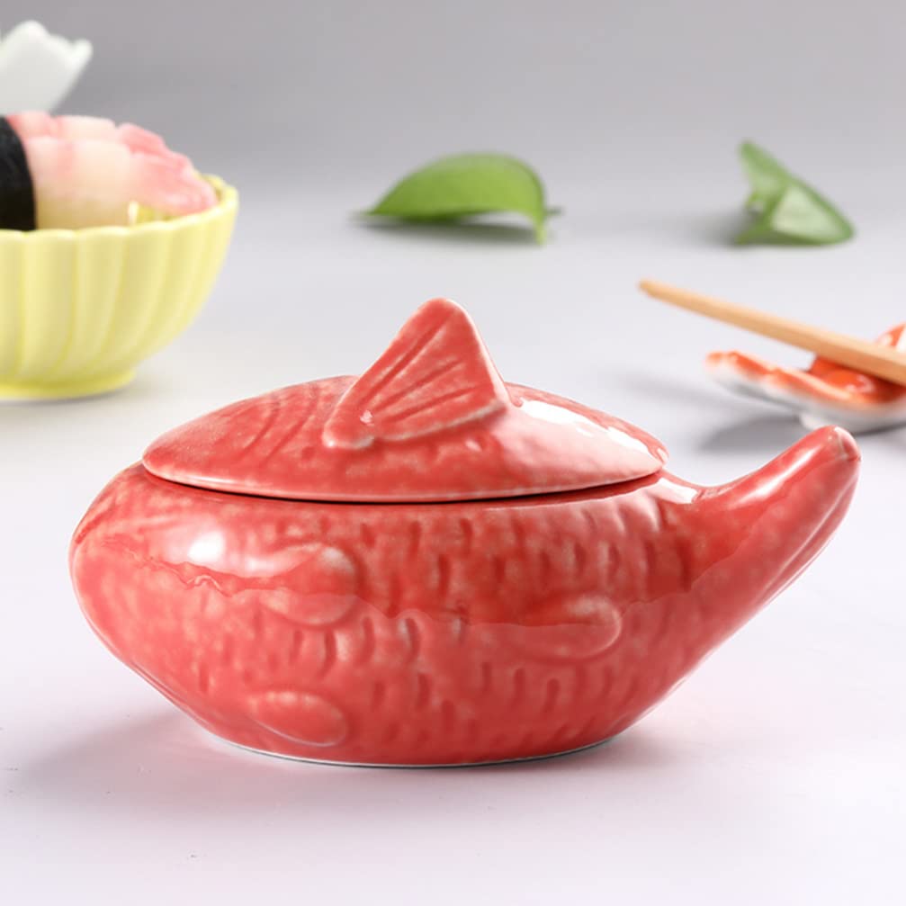 Yardwe Fish-Shaped Ceramic Sauce Bowl with Lid 4.3 Inch Porcelain Condiment Container for Kitchen Dining and Japanese Style Serving