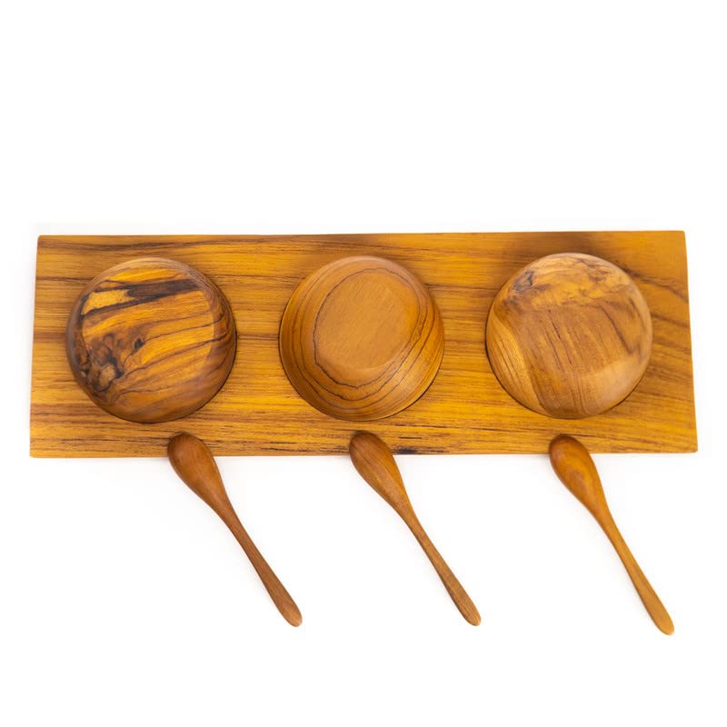 Rainforest Bowls Set of 3 Javanese Teak Wood Condiment Dipping Bowls w/Tray & 3 Spoons- Hot & Cold Friendly, Ultra-Durable - Exclusive Luxury Custom Design Handcrafted by Indonesian Artisans