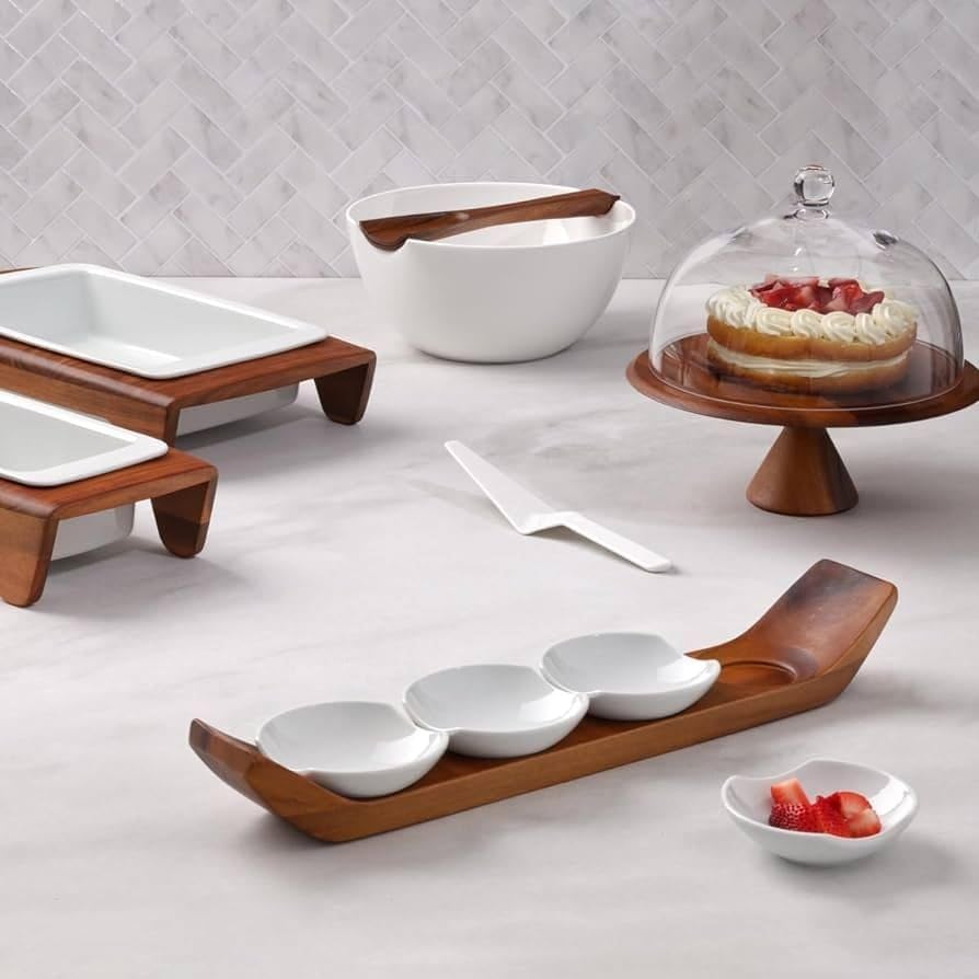 Nambé Quatro Snack & Serve Set – 21” Acacia Wood Tray with 4 Porcelain Bowls for Appetizers, Nuts & Dips – Modern Tableware for Dining & Entertaining, Durable, Stylish & Functional Serveware
