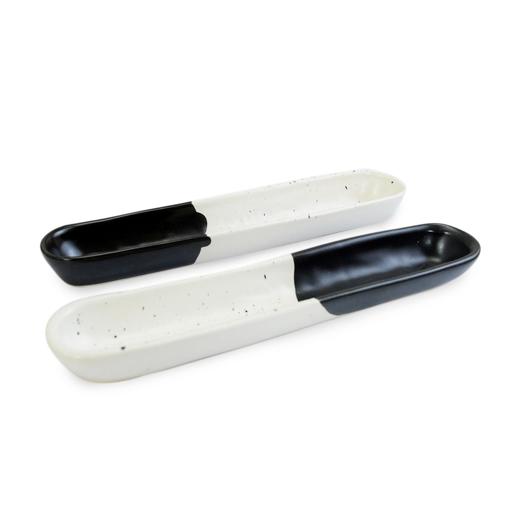 roro Black and White 9-Inch Long Ceramic Olive Tray - Set of 2 | Handcrafted Speckled Stoneware for Charcuterie, Olives, Nuts, Sauces, and Small Appetizers