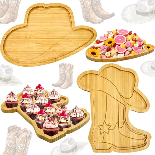 2Pcs Wooden My First Rodeo Party Supplies Western Party Decoration Hat Boot Charcuterie Boards Cowgirl Cowboy Birthday Decor Fillable Food Platter Set Wild West Baby Shower Food Tray for Baby Boy Girl