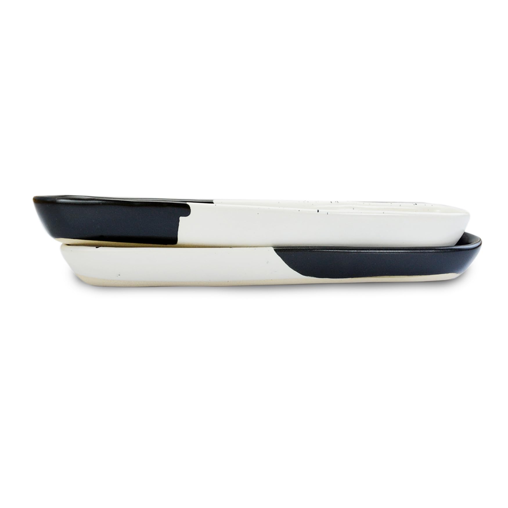 roro Black and White 9-Inch Long Ceramic Olive Tray - Set of 2 | Handcrafted Speckled Stoneware for Charcuterie, Olives, Nuts, Sauces, and Small Appetizers