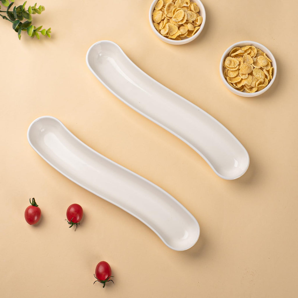 3-Pack Olive Plates-Versatile Ceramic Olive Tray for Snacks, Appetizers Platter-Long Arc Shape Boat Tableware for Entertaining and Displaying Appetizers-Dishwasher & Microwave Safe (12 inches)