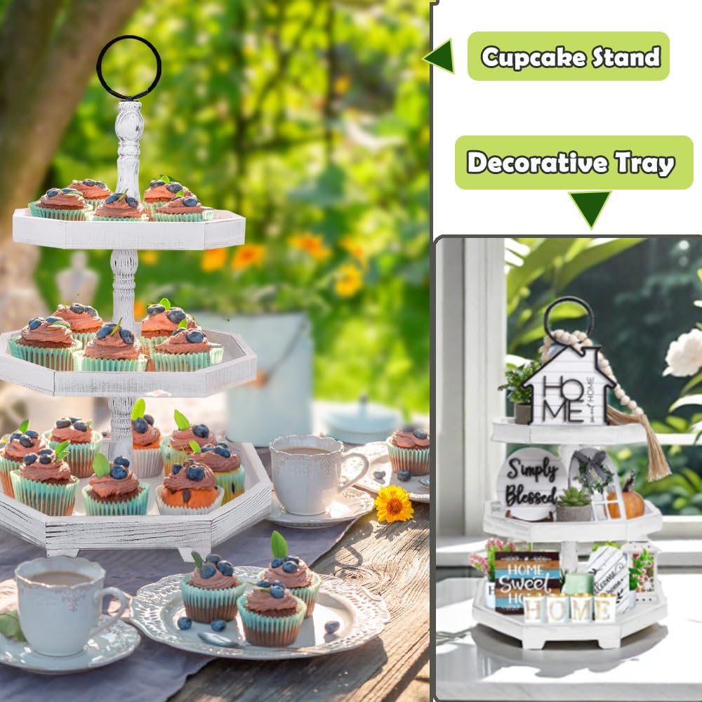 3 Tiered Tray Stand White Tier Serving Tray, Three Decorative Trays, Wooden Cupcake Stand 3 Tiered Farmhouse Tray for Home Decor(L 13.8” W 12.5” H 21.8”)
