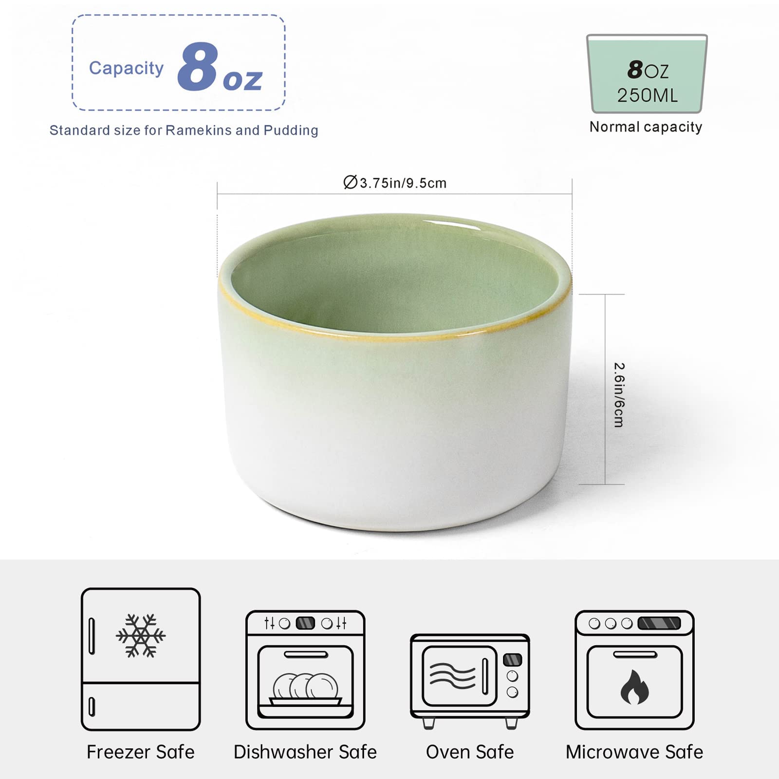 Ramekin Set of 6, UNICASA 8 oz Creme Brulee Ramekins, Oven Safe Baking Set for Custard, Pudding, Souffle Cups, Light Green