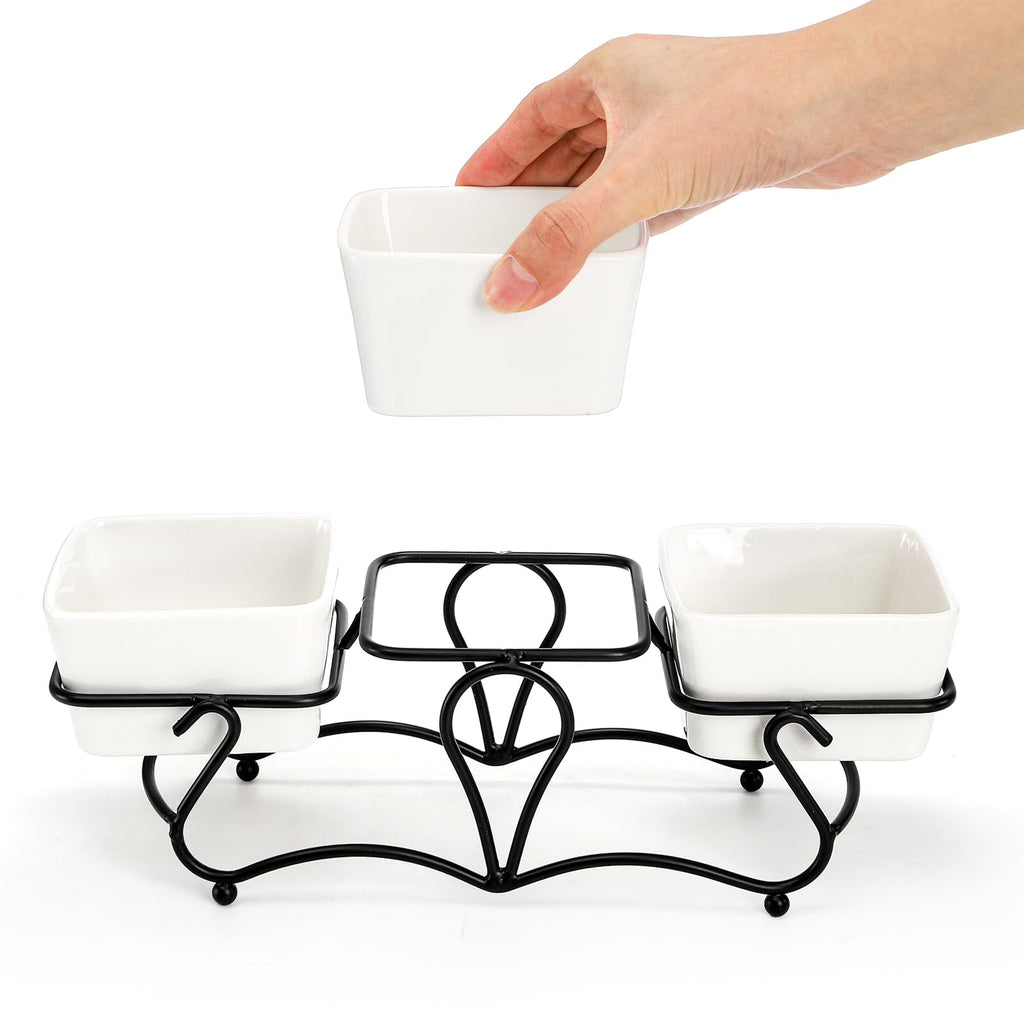 Eorbow 10 OZ Square Bowl Chip & Dip Serving Set, 3 Pieces Ceramic Condiment Server with Metal Stand, Serving Dish Tray for Party Entertaining, Small Snack Platters for Side Dish Appetizer Nuts