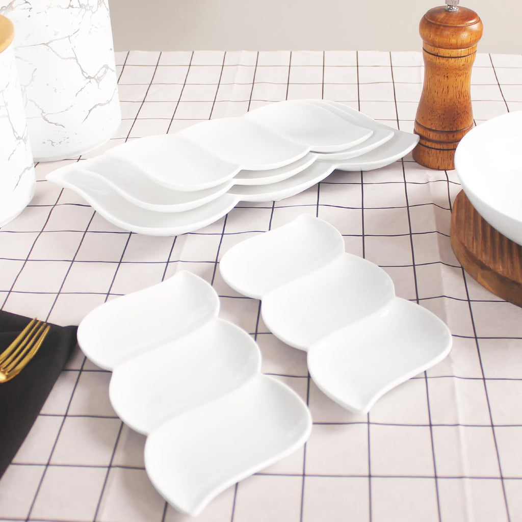 Creativity Home Chip and Dip Serving Set Porcelain Tray Deep Divided Bowl,Set of 4 Divided Platters/Divided Bowls,Lunch&buffet tableware,for Dishwashers,microwaves,ovens safety 10.4 Inch
