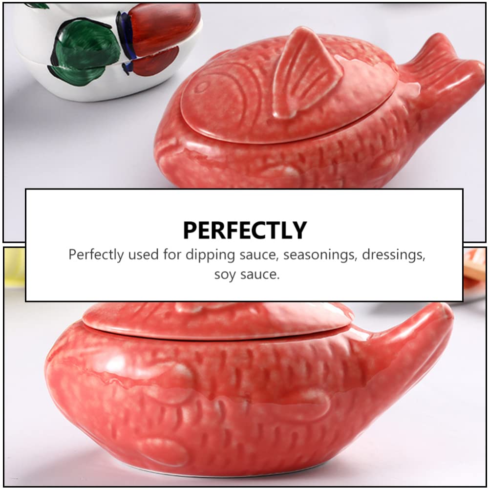 Yardwe Fish-Shaped Ceramic Sauce Bowl with Lid 4.3 Inch Porcelain Condiment Container for Kitchen Dining and Japanese Style Serving
