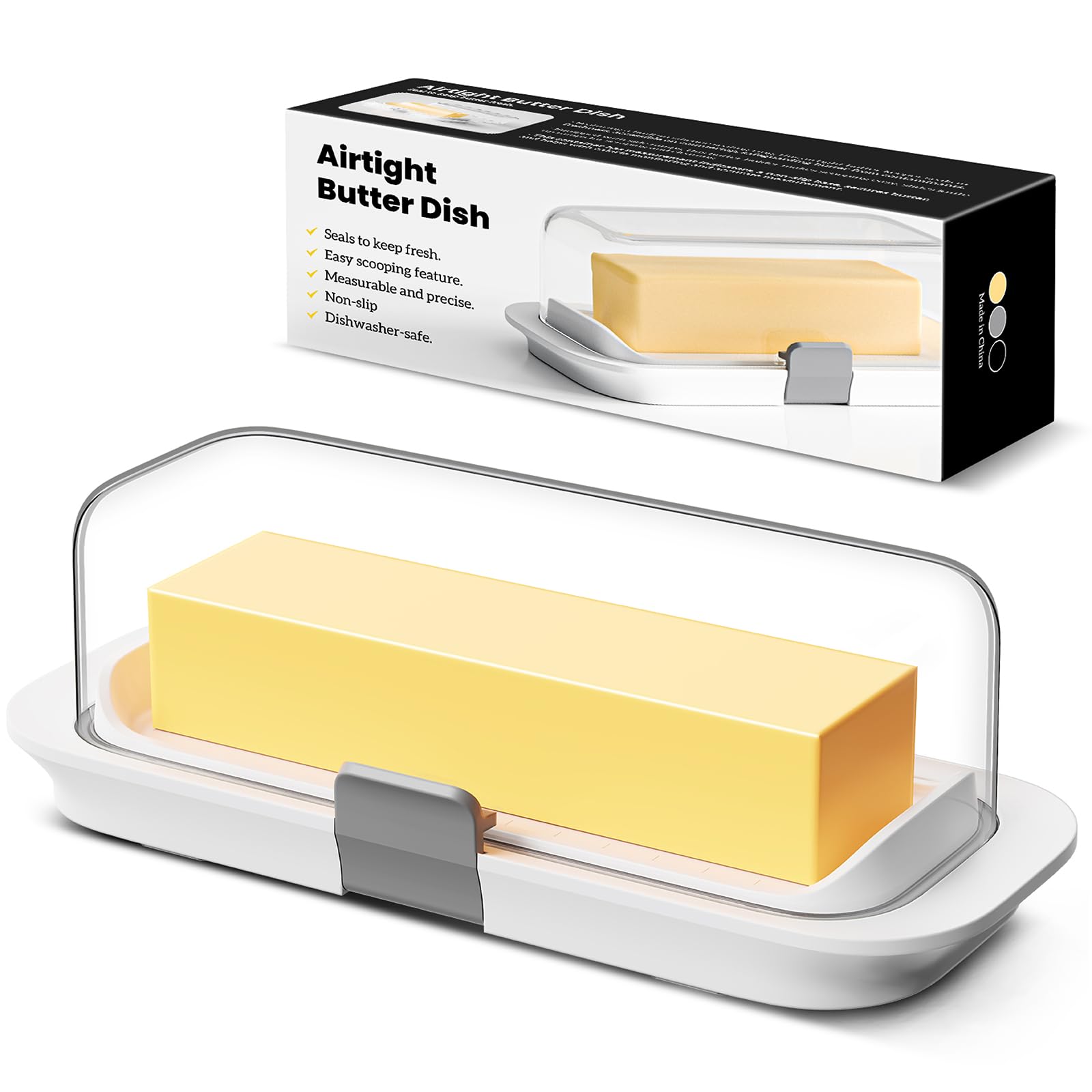 Pisol Butter Dish with Lid for Countertop and Refrigerator Door Shelf, Airtight Butter Keeper Container, Butter Holder for East/West Coast Butter, BPA-free, Microwave/Dishwasher Safe