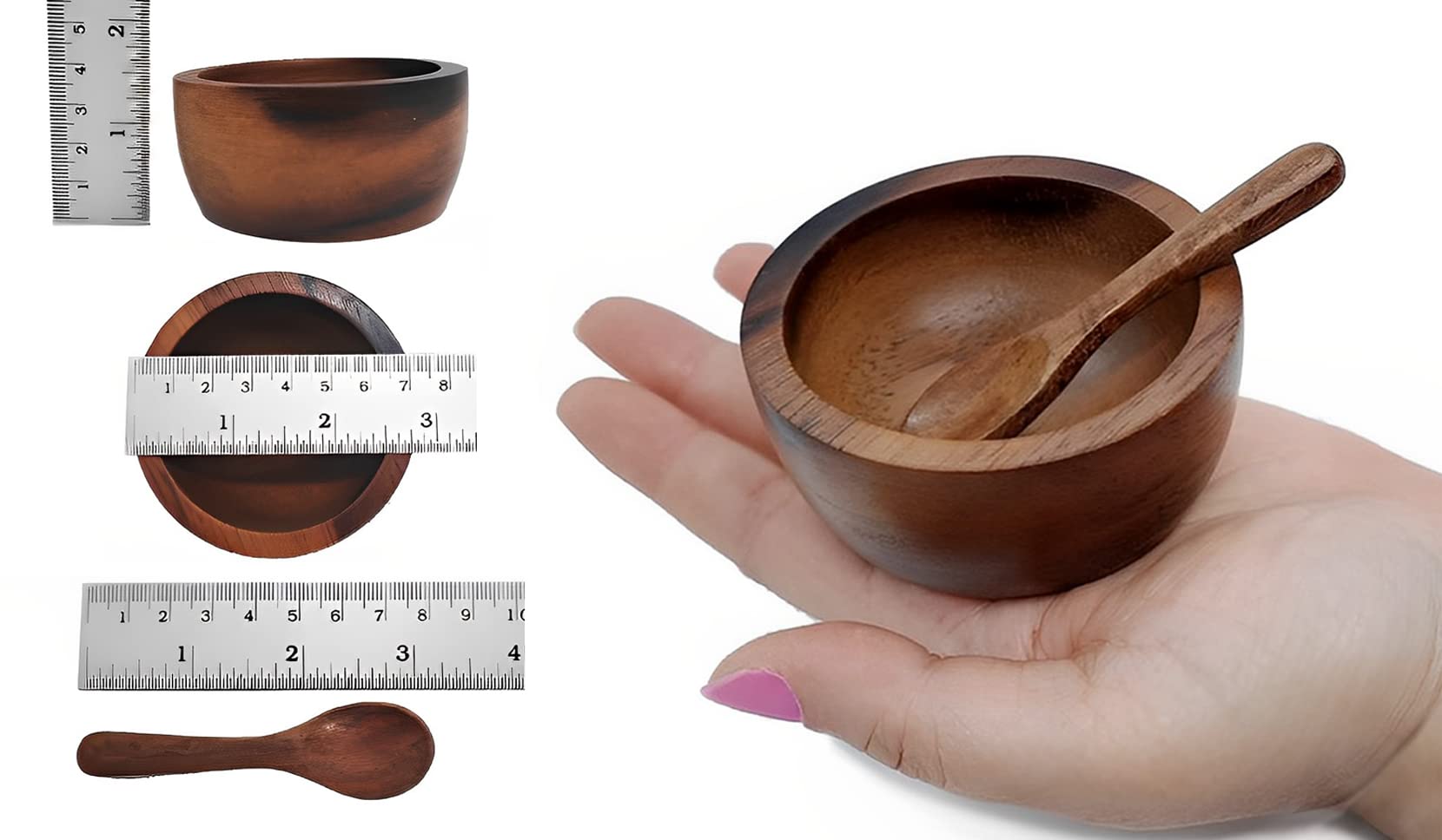 BestySuperStore Set of 4 Small Round Acacia Wooden Bowls 2¾ Inch Diameter 1½" High With Spoons - Stackable Mixing Bowl Salad Soup Snack Dip Sauce Charcuterie Wood Tableware Sets for Decor and Serving