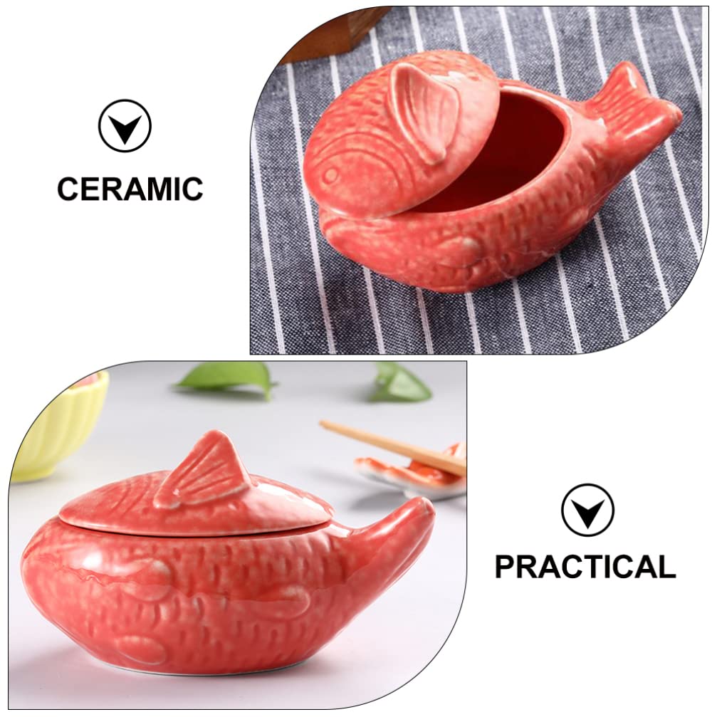 Yardwe Fish-Shaped Ceramic Sauce Bowl with Lid 4.3 Inch Porcelain Condiment Container for Kitchen Dining and Japanese Style Serving