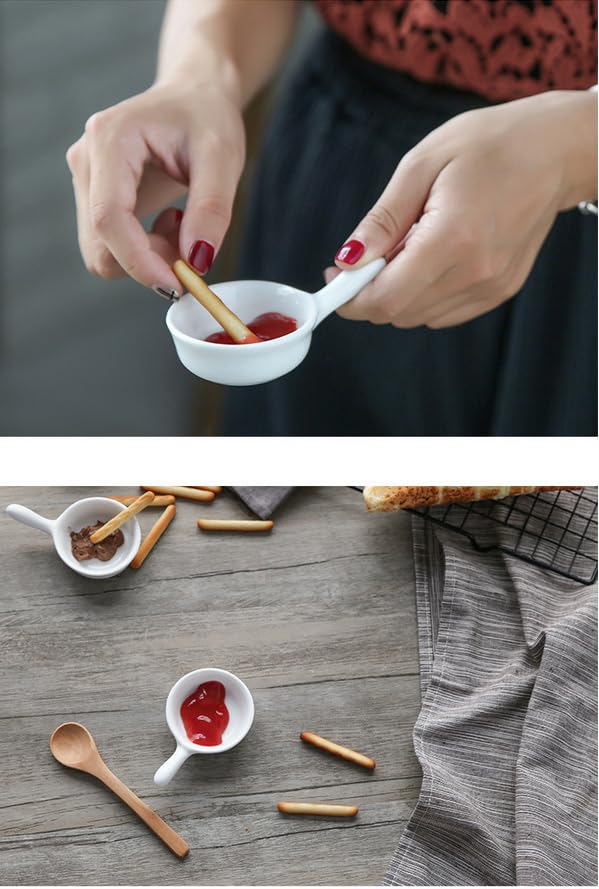 Leoyoubei 5 Packs Sauce Dish with Handle Grip,Side Dishes 1 Oz White Porcelain Dipping Bowls Appetizer Spoons Ketchup BBQ Sauce Sushi Soy Sauce-Stackable Ramekins
