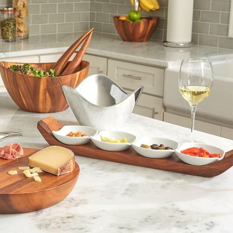 Nambé Quatro Snack & Serve Set – 21” Acacia Wood Tray with 4 Porcelain Bowls for Appetizers, Nuts & Dips – Modern Tableware for Dining & Entertaining, Durable, Stylish & Functional Serveware