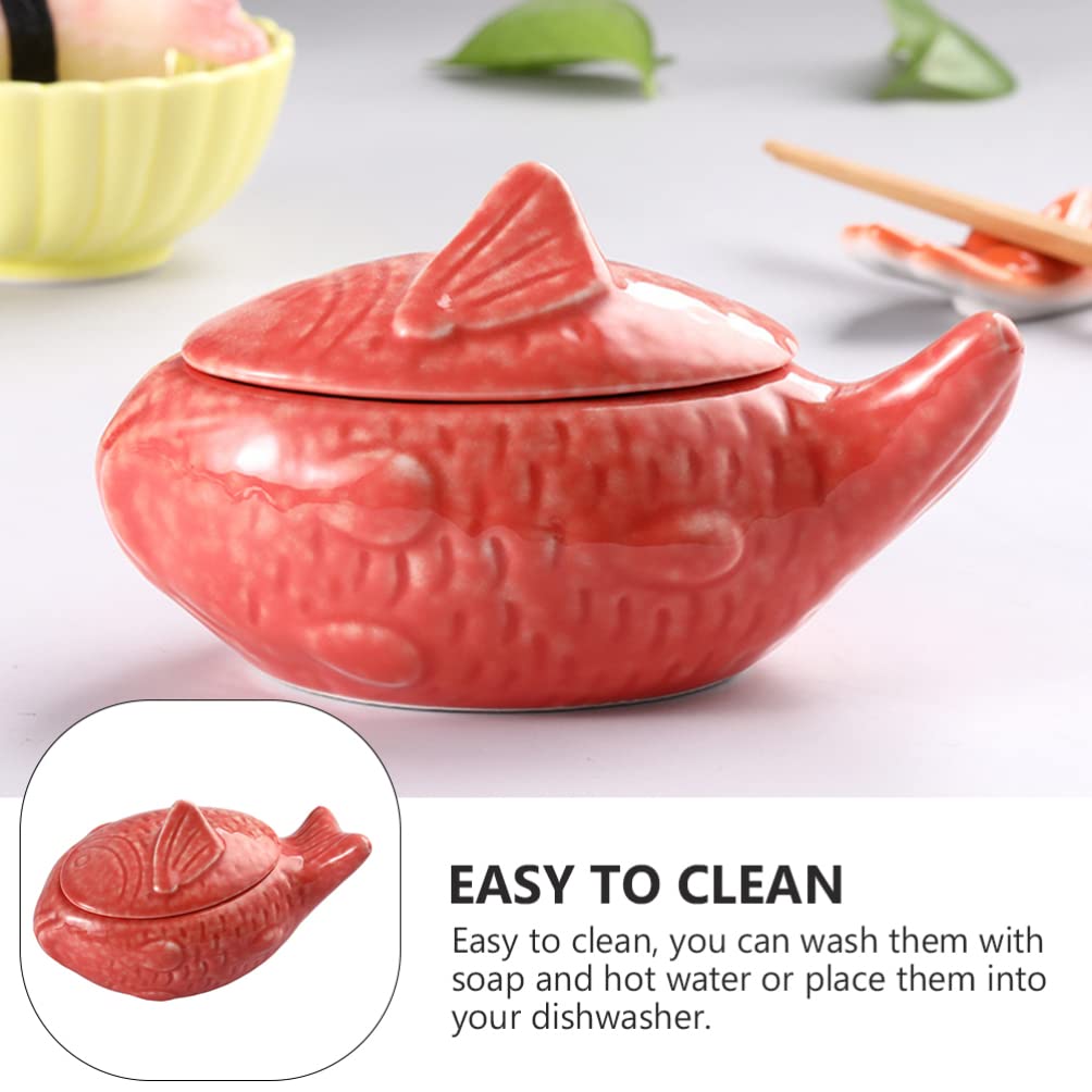 Yardwe Fish-Shaped Ceramic Sauce Bowl with Lid 4.3 Inch Porcelain Condiment Container for Kitchen Dining and Japanese Style Serving