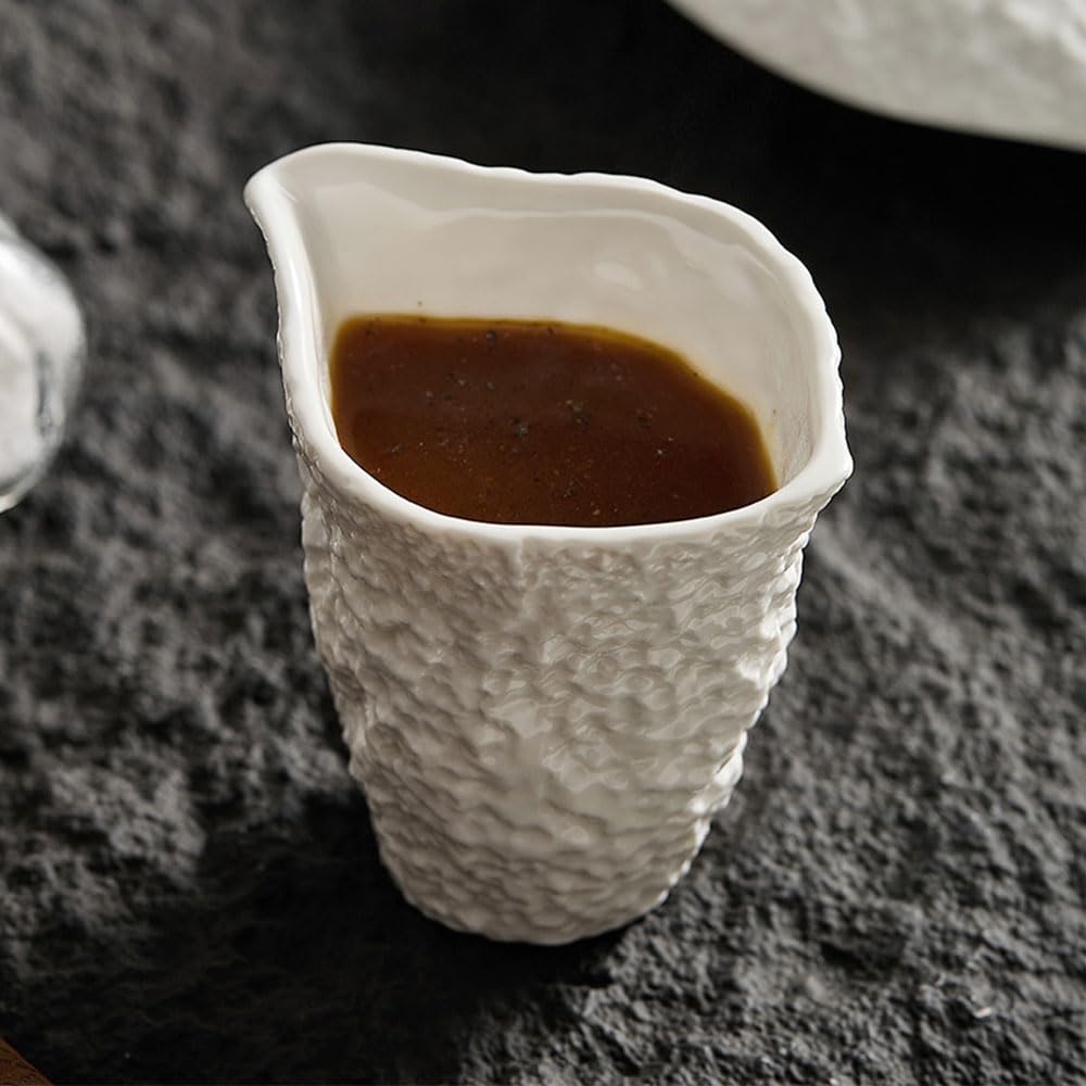 Vitbunana Rock Pattern Ceramic Gravy Boat, Small Capacity Ceramic Gravy Bowl, Handleless Creamer Pitcher with Dripless Lip, Suitable for Gravy, Sauce, Salad Dressing, Milk (White)