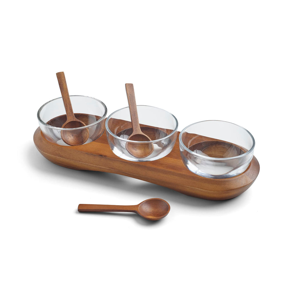 Nambé Cooper Collection 3-Bowl Condiment Server – Elegant Glass Bowls with Acacia Wood Cradle & Stainless Steel Accents – Modern Serveware for Sauces, Dips, Snacks & Appetizers, Stylish Tabletop