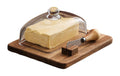 Acacia Wood Butter Dish with Knife and Glass Cover for Cheese, Butter, Cake, Dessert Serving Tray Elegant Kitchenware (1 knife)