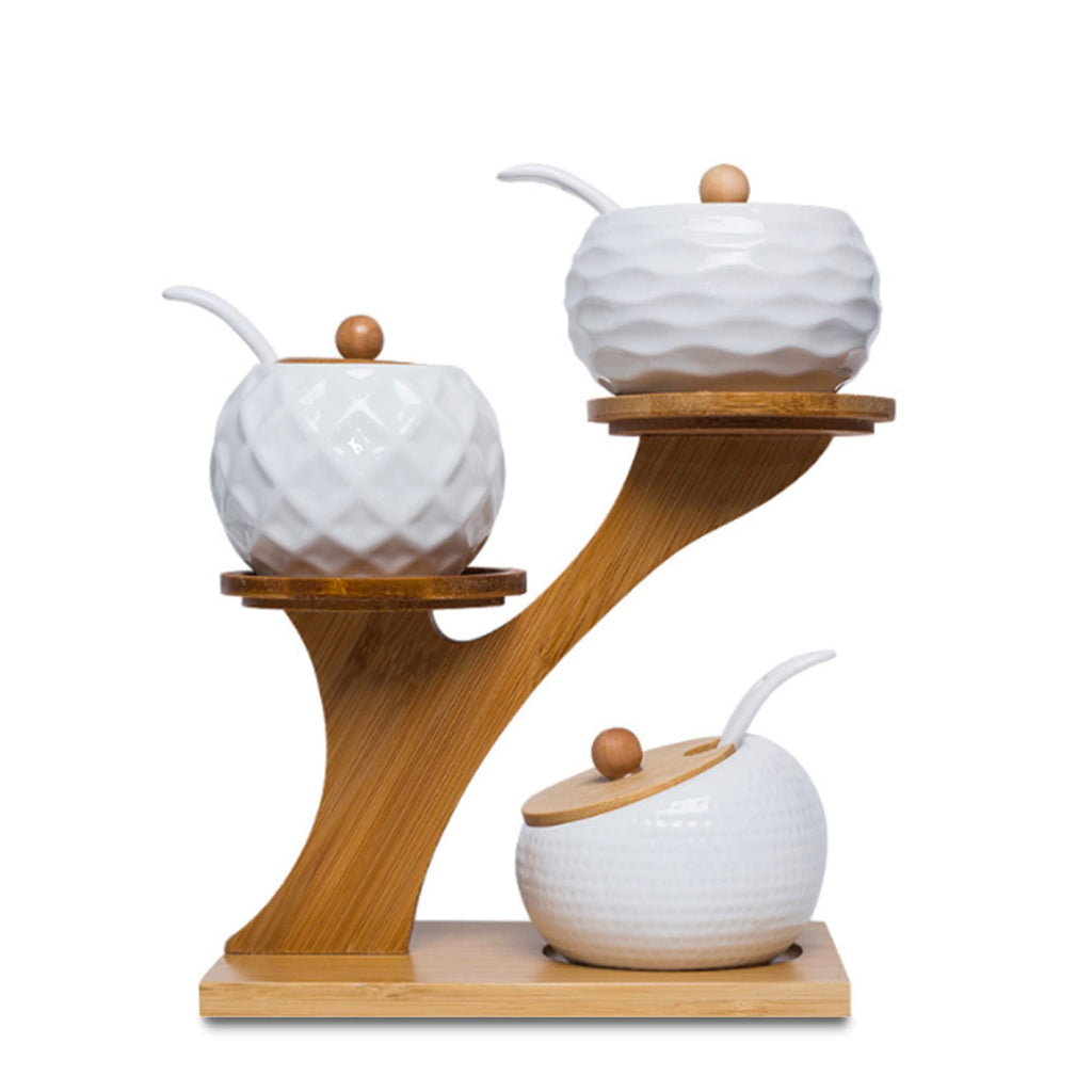MIATTCLD Porcelain Condiment Jar Set, Spice Jars with Bamboo Lids and Spoon, Wooden Tray, 170 ML (5.8 OZ), Used to Store Tea, Spices, Coffee, Set of 3(White)