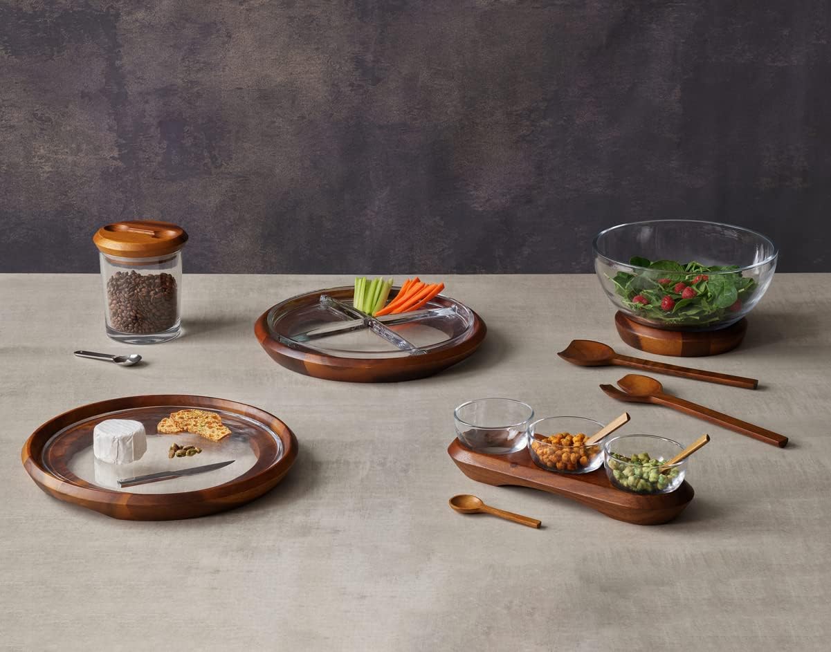 Nambé Cooper Collection 3-Bowl Condiment Server – Elegant Glass Bowls with Acacia Wood Cradle & Stainless Steel Accents – Modern Serveware for Sauces, Dips, Snacks & Appetizers, Stylish Tabletop