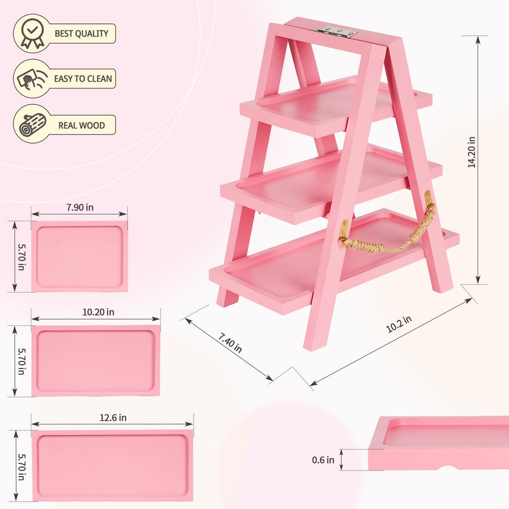 Flenpptly Wooden Cupcake Stand, 3 Tier Cupcake Display Stand for Dessert Display, Dessert Stands with Serving Tray and Foldable Stand for Party, Birthday, Wedding, Events, Baby Shower (Pink)