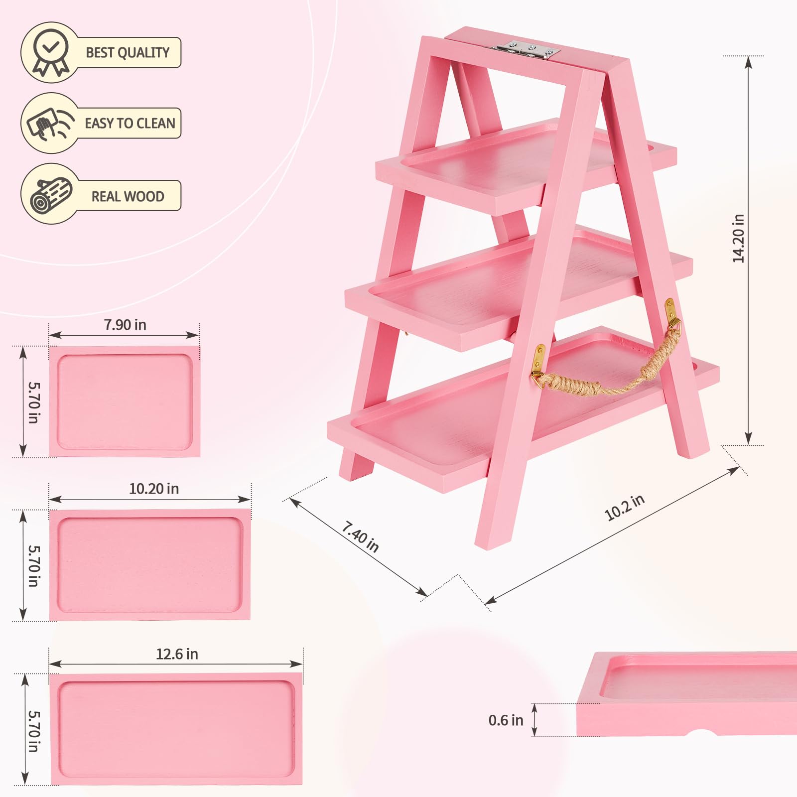 Flenpptly Wooden Cupcake Stand, 3 Tier Cupcake Display Stand for Dessert Display, Dessert Stands with Serving Tray and Foldable Stand for Party, Birthday, Wedding, Events, Baby Shower (Pink)