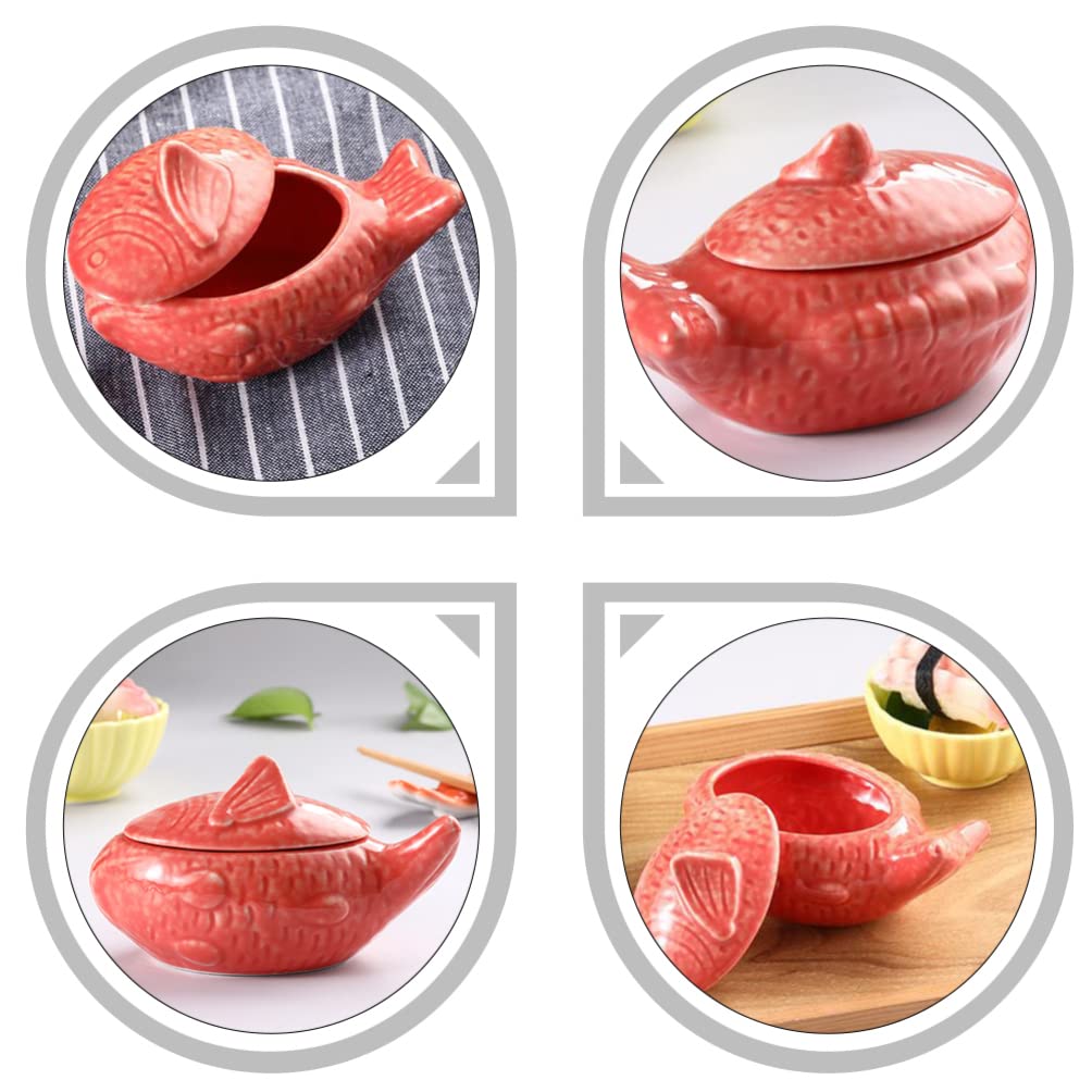 Yardwe Fish-Shaped Ceramic Sauce Bowl with Lid 4.3 Inch Porcelain Condiment Container for Kitchen Dining and Japanese Style Serving