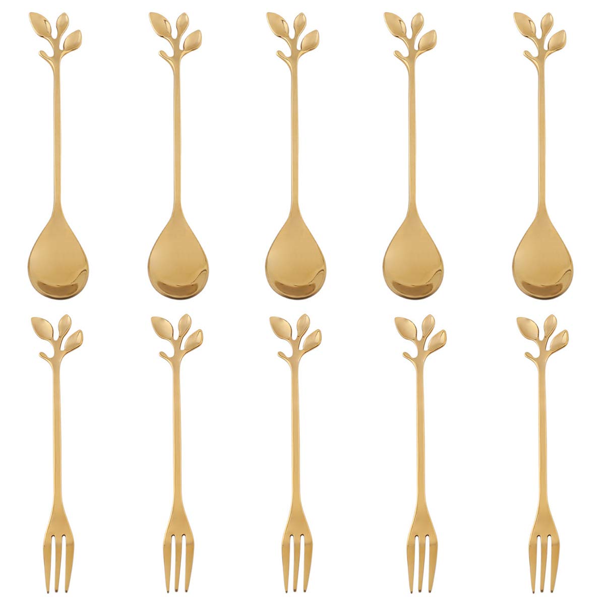 AnSaw 10-Pc Gold Mini Spoons & Forks Set, 4.7" - Stainless Steel, Leaf Handle, Ideal for Coffee,Tea, Appetizers, Tastings, Parties, Charcuterie & Cocktails