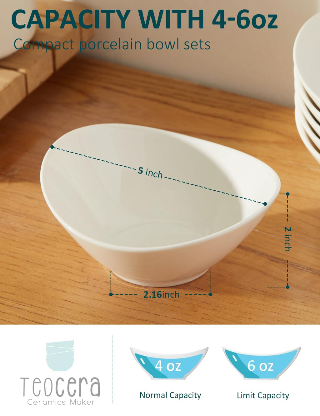 Teocera 5 Inch Porcelain Small Bowls Set, 6 Ounce small serving bowls for Dessert, Ice Cream, Snack, Dipping, Side Dishes, Microwave & Dishwasher Safe- White