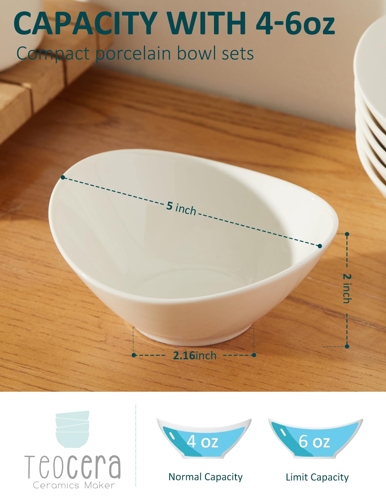 Teocera 5 Inch Porcelain Small Bowls Set, 6 Ounce small serving bowls for Dessert, Ice Cream, Snack, Dipping, Side Dishes, Microwave & Dishwasher Safe- White