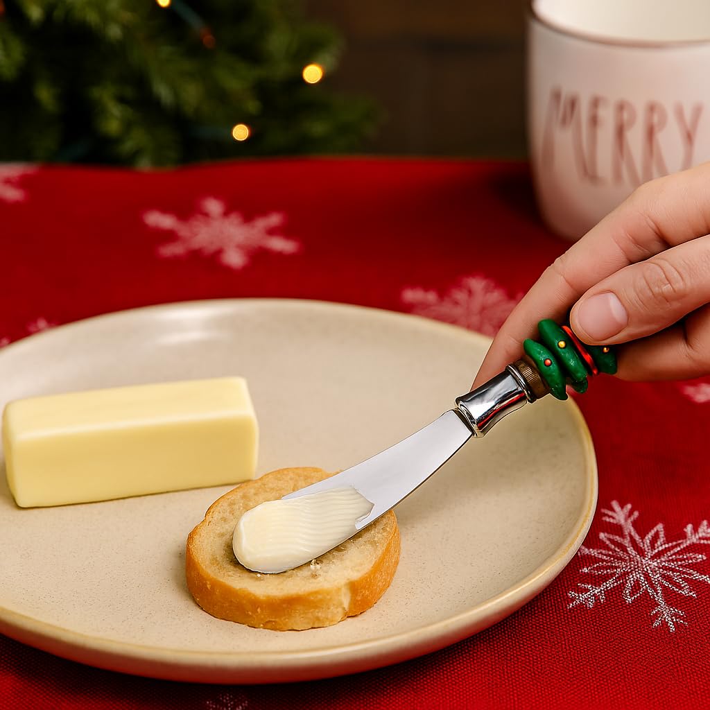HPYNPES Christmas Cheese Spreaders Set of 8 – Holiday Resin Hand-Painted Handles with Stainless Steel Blades – Festive Butter Knives for Cheese, Jam, Spreads – Christmas Party Appetizer Serving Decor