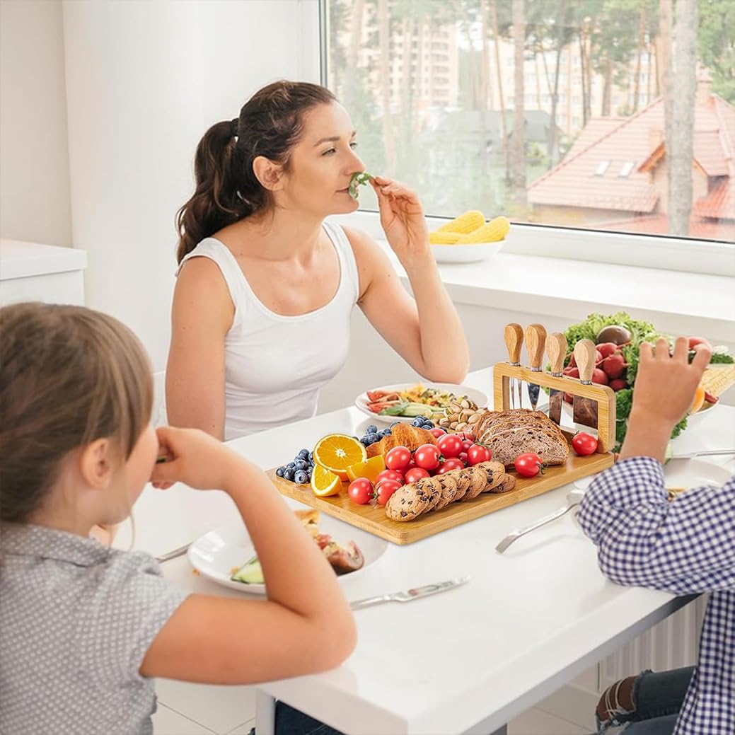 Bamboo Cheese Board and Knife Set, Charcuterie Board Set, Wine Meat Cheese Platter Serving Board with 4 Stainless Steel Knife,Cheese Plate Set,Perfect for Birthday, Housewarming, Christmas,14 x 11’’