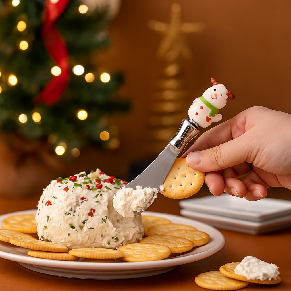 HPYNPES Christmas Cheese Spreaders Set of 8 – Holiday Resin Hand-Painted Handles with Stainless Steel Blades – Festive Butter Knives for Cheese, Jam, Spreads – Christmas Party Appetizer Serving Decor