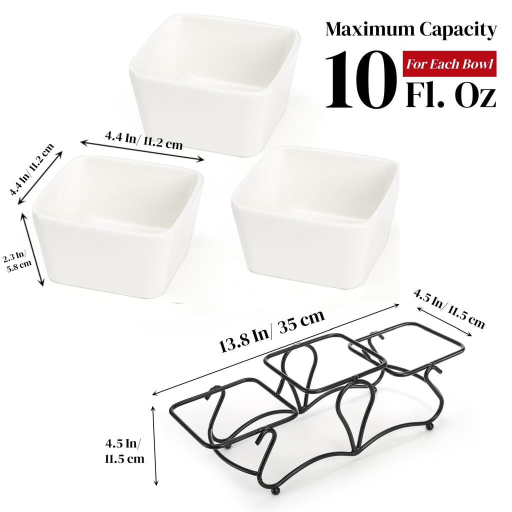 Eorbow 10 OZ Square Bowl Chip & Dip Serving Set, 3 Pieces Ceramic Condiment Server with Metal Stand, Serving Dish Tray for Party Entertaining, Small Snack Platters for Side Dish Appetizer Nuts