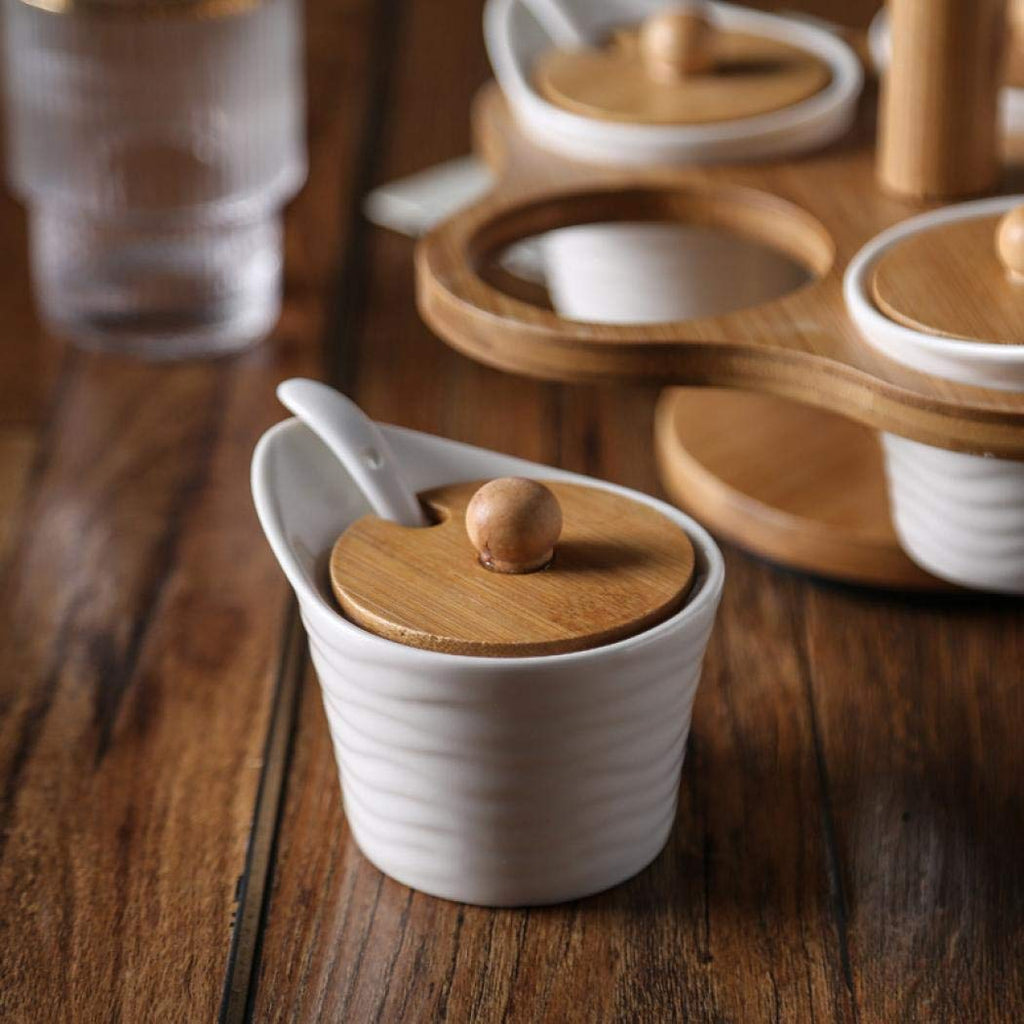 Porcelain Condiment Jar Spice Container with Lids,Bamboo Cap Holder Spot, Ceramic Serving Spoon, Wooden Tray ,Pottery Pot for Sugar Coffee Salt Spices and Pepper